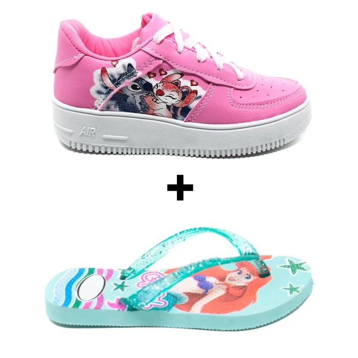 Kit Menina Tênis Infantil Stitch + Chinelo Infantil Personagens